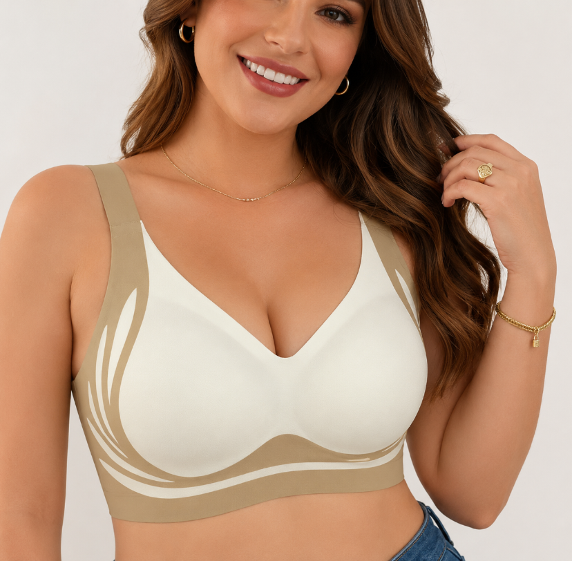 Wireless Comfort Bra in cream and taupe worn by model