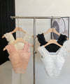 Glitter Beaded Lace Square Collar Top | Flying Sleeve Halter Bra Top