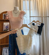 Glitter Beaded Lace Square Collar Top | Flying Sleeve Halter Bra Top