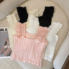 Glitter Beaded Lace Square Collar Top | Flying Sleeve Halter Bra Top