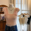 Glitter Beaded Lace Square Collar Top | Flying Sleeve Halter Bra Top